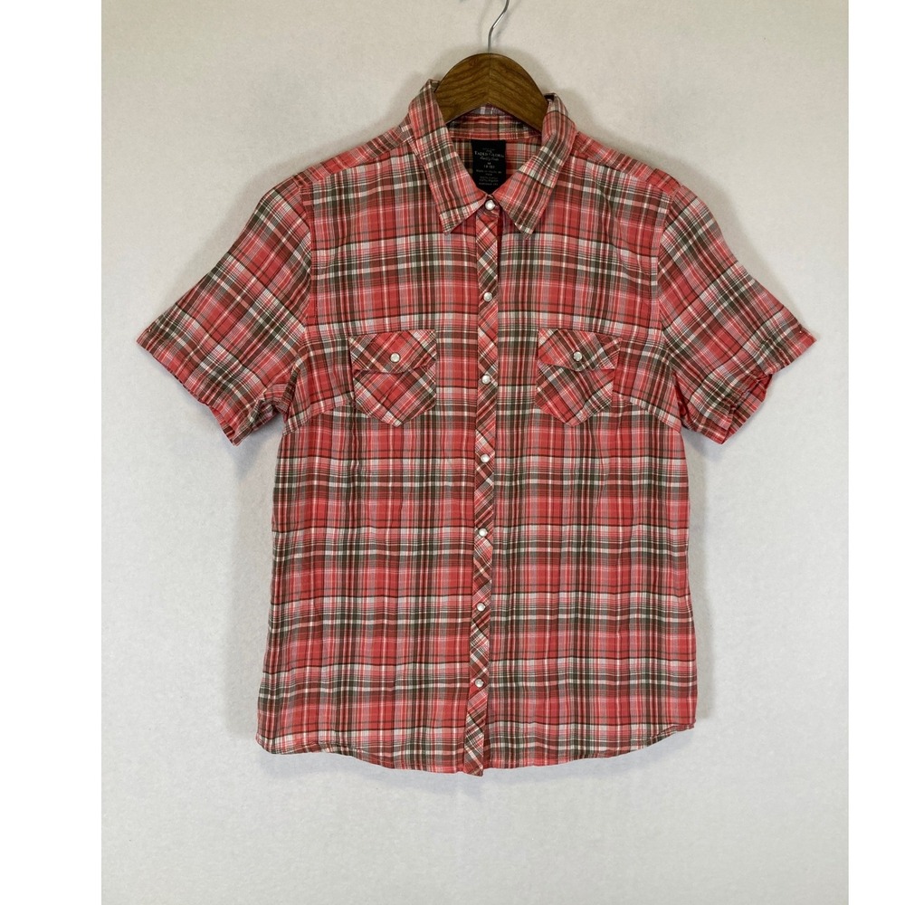 Western Plaid Faded Glory Womens Medium Coral Pink Short Sleeve Pearl Snap Shirt